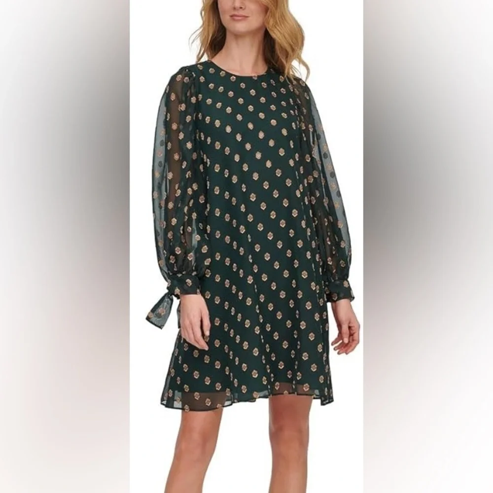 calvin klein green polka dot dress Calvin Klein Womens Petites Chiffon Tie Sleeves Shift Dress Green 2P
